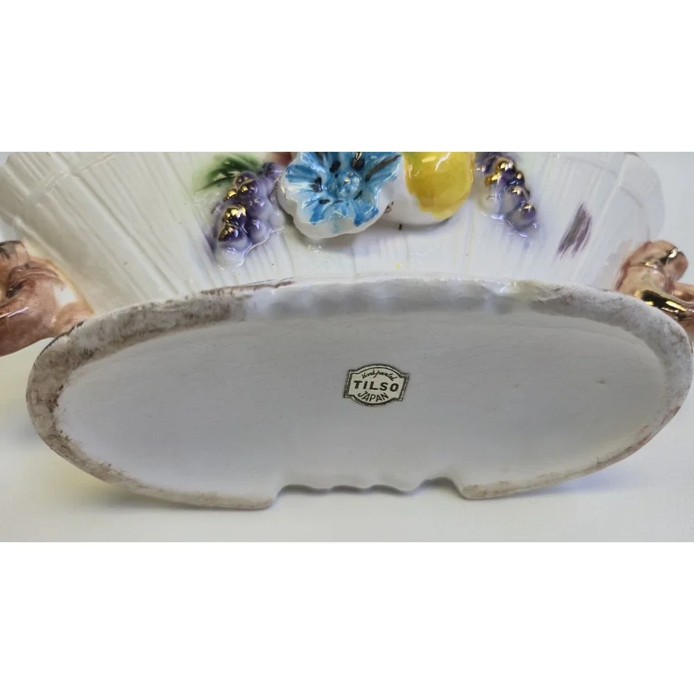 Vintage Tilso Japan Hand Painted Ceramic Planter Fruit Flowers Gold Trim Oval